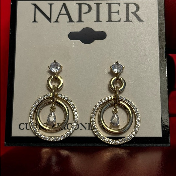 🛍️3 for $25🛍️ Napier Gold Tone CZ Double Ring Dangle Earrings 1” - Picture 1 of 4